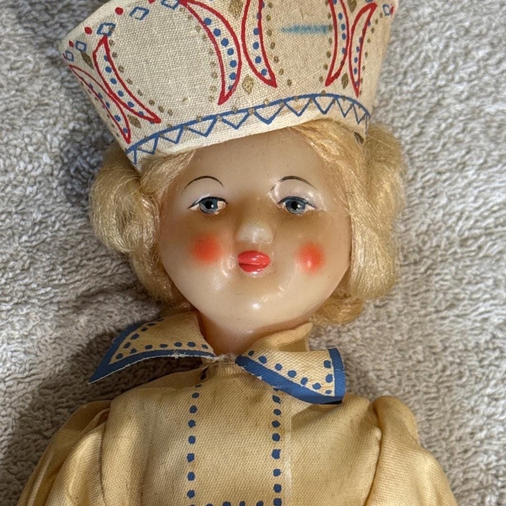 Vintage Celluloid Folk Doll European Ethnic Costume Striped Skirt 11.5 Inch
